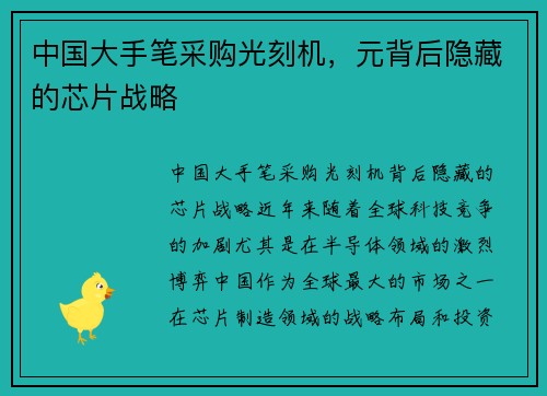 中国大手笔采购光刻机，元背后隐藏的芯片战略
