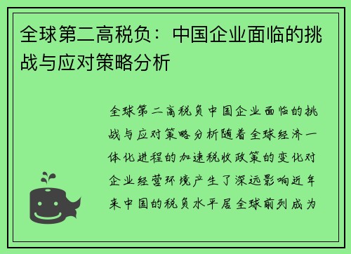 全球第二高税负：中国企业面临的挑战与应对策略分析