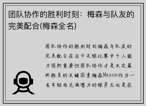 团队协作的胜利时刻：梅森与队友的完美配合(梅森全名)