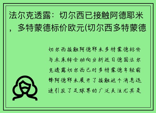 法尔克透露：切尔西已接触阿德耶米，多特蒙德标价欧元(切尔西多特蒙德欧冠历史)