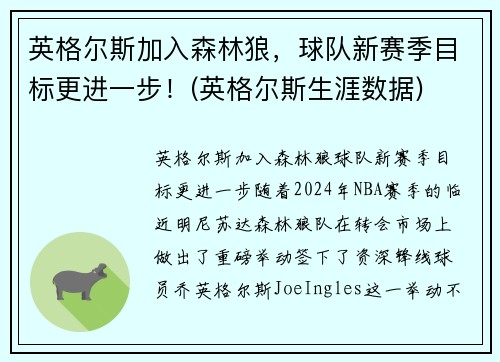 英格尔斯加入森林狼，球队新赛季目标更进一步！(英格尔斯生涯数据)