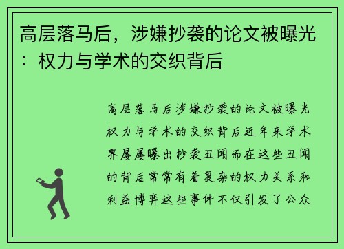 高层落马后，涉嫌抄袭的论文被曝光：权力与学术的交织背后