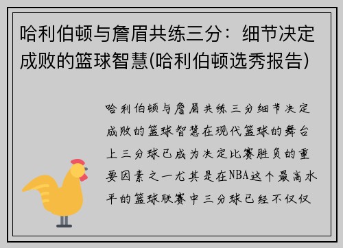 哈利伯顿与詹眉共练三分：细节决定成败的篮球智慧(哈利伯顿选秀报告)