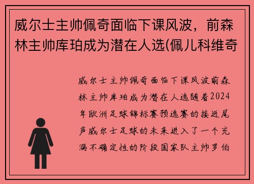 威尔士主帅佩奇面临下课风波，前森林主帅库珀成为潜在人选(佩儿科维奇)